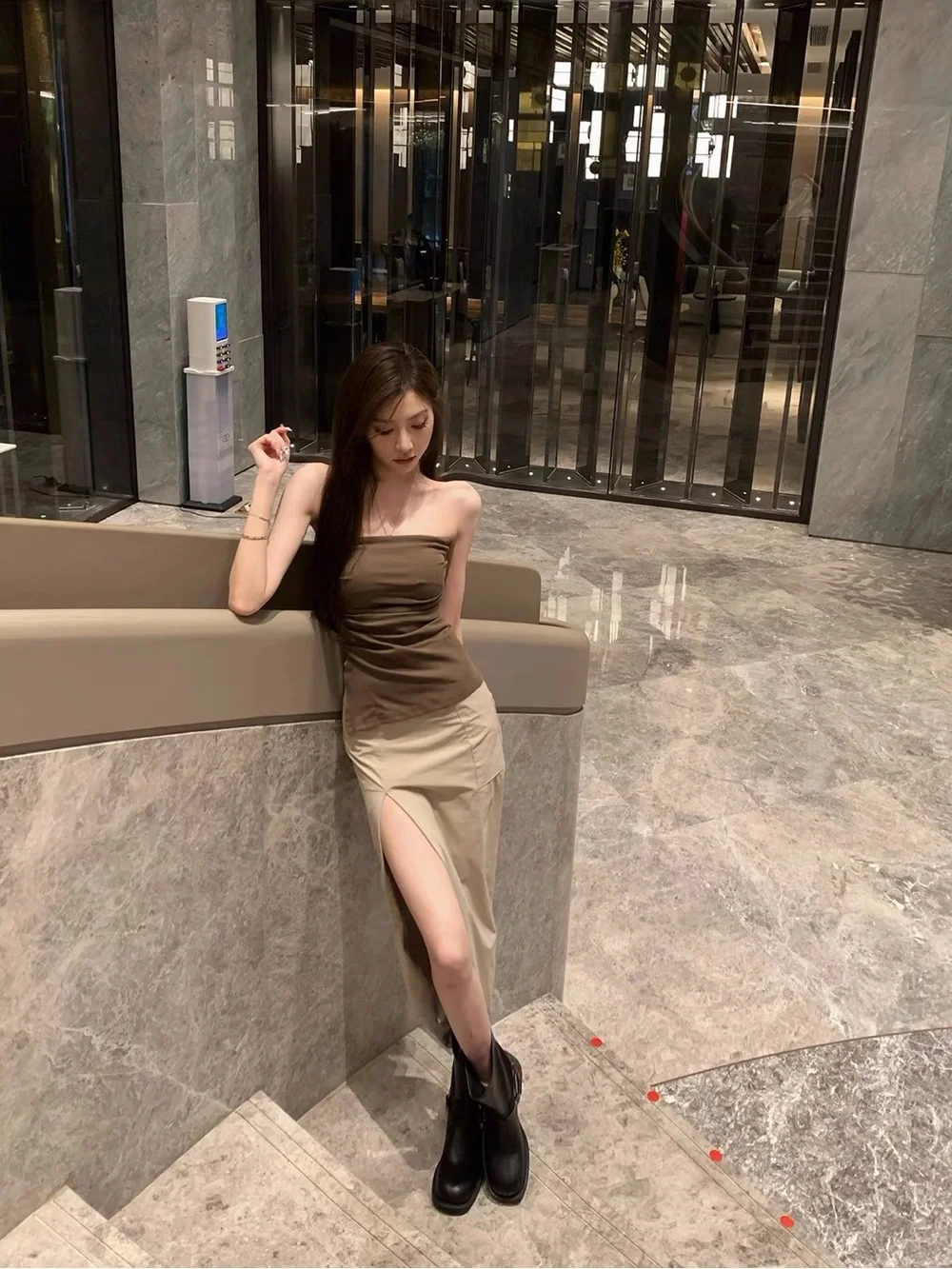 F PROJECT Asymmetric Khaki Maxi Skirt | Size M | High Slit